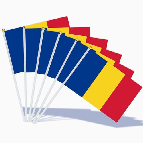 AhfuLife Drapeau Roumanie 21x14 cm – Lot de 15 Mini Drapeaux Roumains avec Mât Blanc 30 cm, Décoration Intérieur/Extérieur pour Coupe du Monde, Fête Nationale du 1er Décembre, Célébration Sportive
