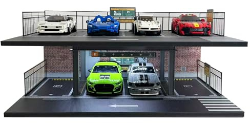 Display Garage with LED Light for 1/24 Scale Model Car & LEGO Speed Champions, 2-Level Parking Diorama Display Case Parking Lot Scene Collector Showcase