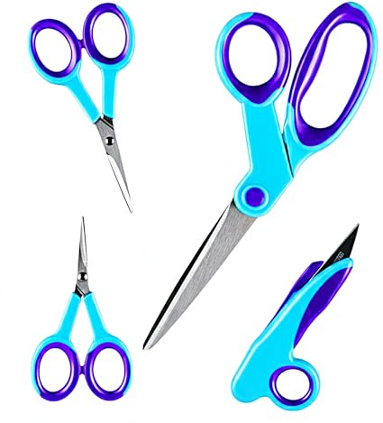 4 Tijeras Costura Profesional. Juego de 4 Tijeras de Costura, Sastre, Bordado y Manualidades, Cuchillas de Acero Inoxidable, Mango Ergonómico Antideslizante, Azul/morado