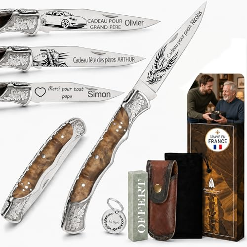 Custamix Couteau Personnalisé Homme - Couteau de Poche Pliant Couteau Gravé avec Manche en Bois, Pierre à Aiguiser et Coffret Cadeau - Idée Cadeau Homme, Cadeau Fête des Pères (burl)