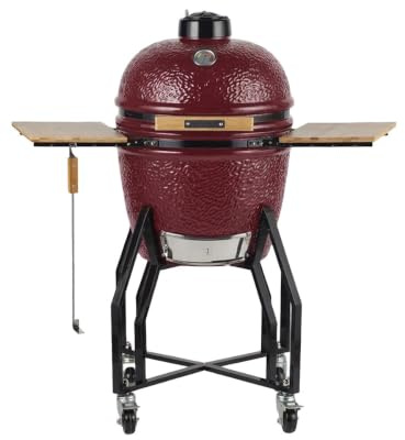 Intec – Barbacoa de carbón de cerámica Kamado rojo 2 zonas de cocción Grill & Fumador Ø56 cm – Barbacoa móvil + 2 estantes
