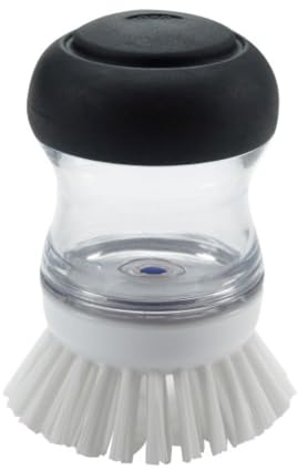 OXO Good Grips Cepillo con dispensador de jabón para Fregar Platos, sartenes y ollas, Acero Inoxidable, Transparente
