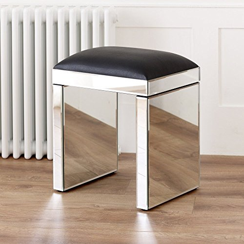 The Furniture Market Venetian Mirrored Dressing Table Stool With Black Seat Pad | Upholstered Seat | Bevelled Glass | Compact & Strong | Minor Assembly | H 495mm x W 410mm x D 330mm