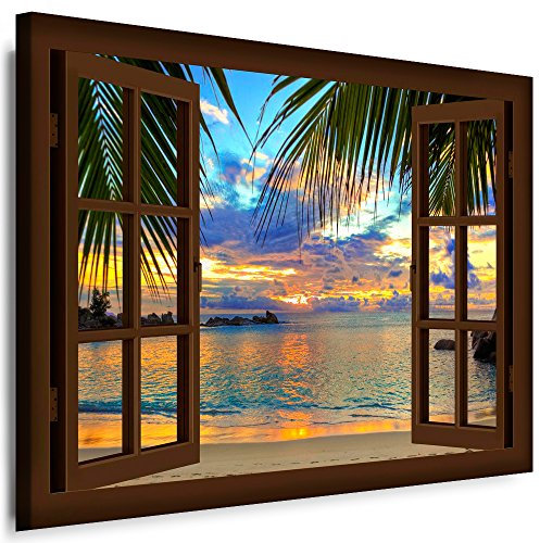 Boikal - Wandbilder Fensterblick 80 x 70 cm Leinwandbild modern Kunstdrucke Wanddesign Wanddekoration Wanddeko Braun Fenster Bild Sonne Meer Strand Steine XXL178-11