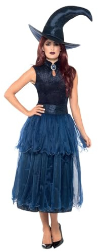 Smiffys - Damen Mitternacht Hexen Kostüm, Kleid, Linsenförmige 3D Brosche und Hut, blau