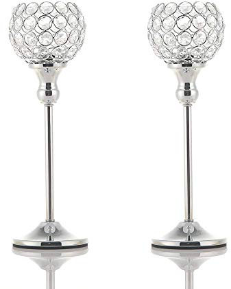 VINCIGANT 2 Pcs Silver Candle Holders, Crystal Candlestick Holders, Tea Light Holder Ornaments for Living Room, Wedding Table, Christmas Decoration, 13/33cm Tall - Gift Box Package
