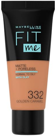 Maybelline Fit me! MATTE&PORELESS Make-up nr 332 Golden Caramel, flytande make-up, anpassar sig till hudtonen, fuktgivande, mattande, lätt till medelhög opacitet, 30 ml | Medium täckning, blandbar, naturlig finish, för normal till fet hud, flytande foundation, 30 ml