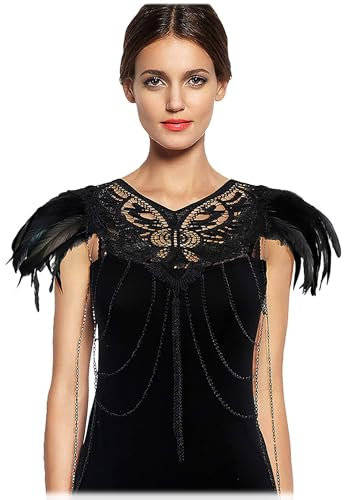keland Gothic Black Feather Epaulette Cape Spitzenkörpergurt für Halloween-Party (Schwarz)