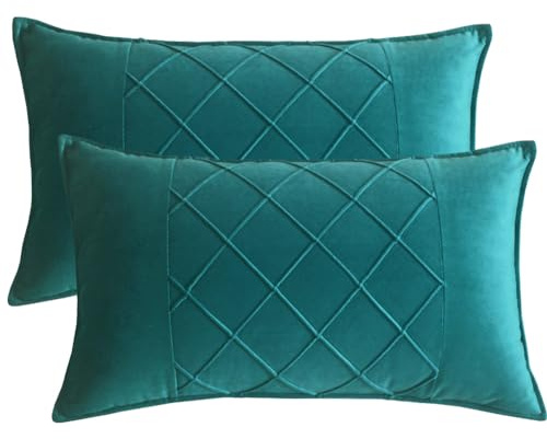 Lutanky Patchwork Design Velvet Cushion Covers 30 x 50 cm Peacock Green Soft Pillow Covers (Pack of 2) Decorative Rectangle Throw Pillow Cases for Sofa Bedroom Home Accessories 12x20 Inch