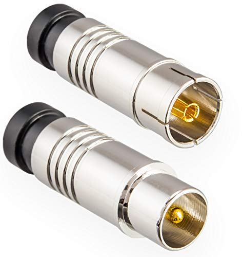 Antennenstecker Set 1x Stecker & 1x Buchse für Kabelfensehen DVB-C Radio DVB-T2 TV Antennen IEC (männlich + weiblich) Kompressionsstecker für Koaxial Antennenkabel Kupplung Kabel BK Anlagen HQ 4K UHD