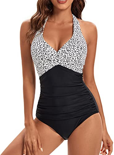 Viloree Costumi da Bagno Donna Costume Intero Piscina Controllo della Pancia Donna Scollo a V Halterneck Bianco con Stampa Floreale 3XL