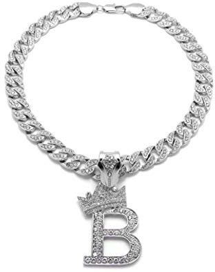 iJewelry2 Kings and Queens Crowned Initial Letter B Crystals Pendant Silver-Tone Cuban Linked Chain Necklace
