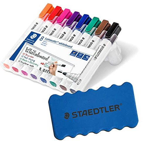Staedtler Lumocolor 351 WP8 Whiteboardmarker, Rundspitze, 2 mm, aufstellbare Box mit 8 farben + original Staedtler Löscher