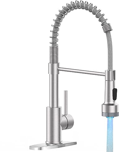 OWOFAN Kitchen Faucet with LED Sprayer Single Handle Pull Down Sprayer Spring Kitchen Sink Faucet with LED Light Brushed Nickel 9005SN