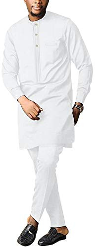 African Men's Formal Clothes Dashiki Shirt and Pant Two Piece Suit Traditional Long Sleeve Outfits, White, Large