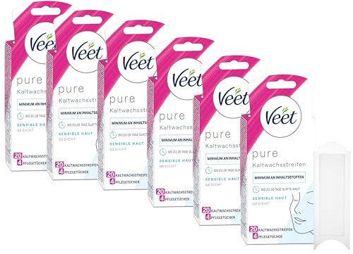 Veet PURE Kaltwachsstreifen – Geeignet für sensible Haut – Anwendung für Gesicht – Bis zu 28 Tage glatte Haut – 10 x Doppelstreifen à 20 Anwendungen - 6er Pack