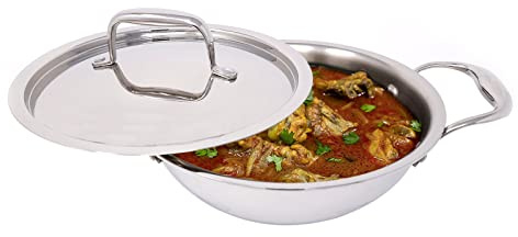 Stainless Steel Kadai Wok with Lid Triply Heavy Duty Bottom Karahi Kadhai Kadai Stainless Steel Deep Frying Pan Cooking Saute Stir Fry Pan Serving Dish with Handles (18cm)