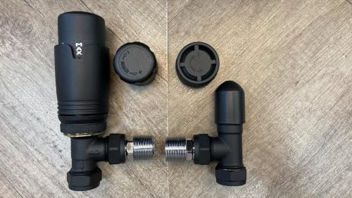 Team Controls Matt Black Angled Towel Rail Thermostatic Radiator Valves TRV & Lockshield Pack Set Pair TC-TRVAB, 15mm x 1/2''