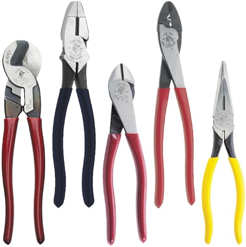 Klein Tools 80087 Dipped Plier Kit, Made in USA, Diagonal-Cutting, Needle-Nose, Side-Cutting High Leverage Linesman Pliers, Cutter and Crimper, 5-Piece