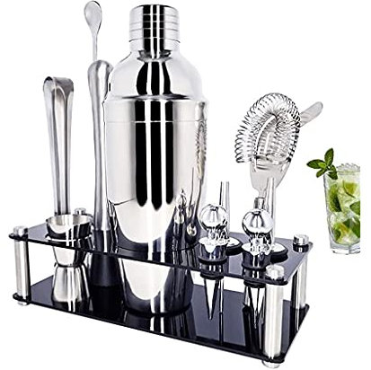 Samnuerly Coctelera Coctelera de Acero Inoxidable Coctelera Colador Cuchara de Pinza Vertedor Corcho 550/750Ml con Estante de Vino Receta de Cóctel (Tamaño : 550Ml) (750ml)
