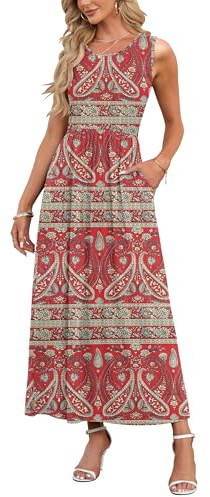 AUSELILY Women's Casual Summer Dress Boho Floral Red M