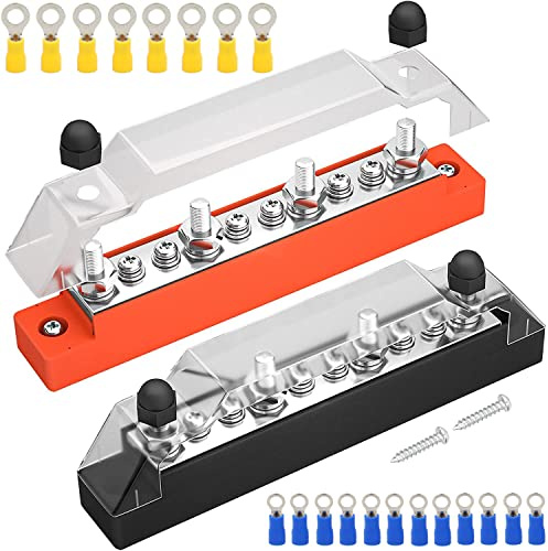 Greluma 1 Paar 10-Wege-Stromverteilungsblock, 4 x M6-Anschlussbolzen, 6 x M4 Anschlussschrauben Batteriesammelschiene für Auto Marine Boot
