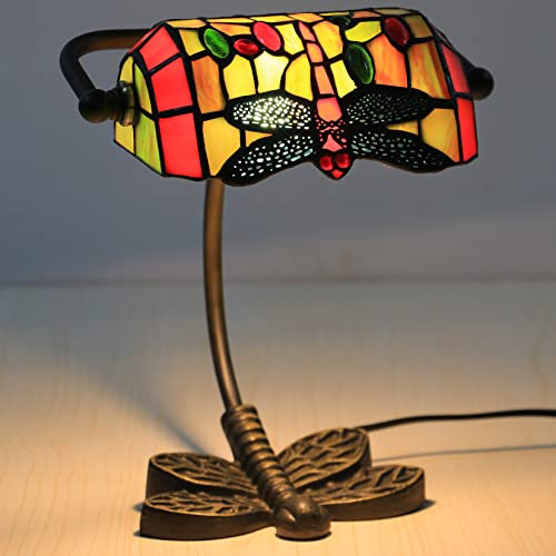 AIBOTY Banker Lampe Tiffany Schreibtischlampe grün orange lila blau Libelle Stil Glasmalerei Tischlampe, verstellbare Luxus Speicher Klavierlampe 10 hoch für Bibliothek Wohnzimmer,Rot