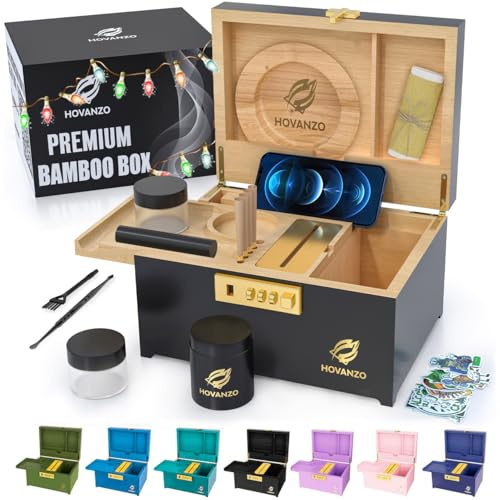 HOVANZO Upgraded Premium Large Bamboo Box - Locking Storage Decorative Box with Combination Lock - Wood Kit with lid - Wooden Locking Storage with Removable Tray and Jars