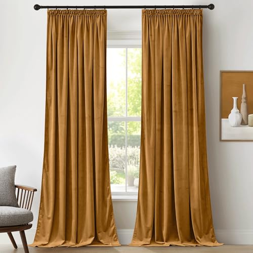PONY DANCE Samtvorhang mit Kräuselband Gardinen Wohnzimmer Thermogardinen Hitzeschutz Vorhänge Samt Gold 2er Set Velvet Curtains for Living Room, Goldbraun, H 260 x B 132 cm (Gewicht: 300g/m²)
