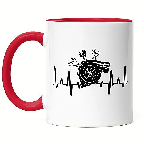 Hey!Print Turbolader Tasse Rot Autofans Benzin Im Blut Autonarr Liebhaber Autofreak Geschenkidee Schrauber