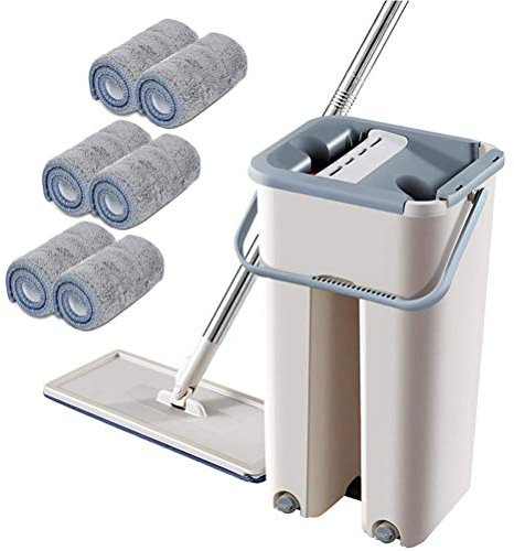 Ensemble Serpillière et Seau avec Essoreuse, Serpillière Plate et Seau, Vadrouilles pour Le Nettoyage des Sols avec Tampons en Microfibre, Utilisation Humide et Sèche, Outils de