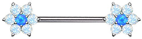 Taffstyle Piercing Schmuck Brustwarzenpiercing Brustwarze Intimpiercing Brust Nippel Intim Ohr Ohrpiercing Barbell gerade Hantel Stab mit Opal Blumen Blatt Kugel Perle Silber Blau