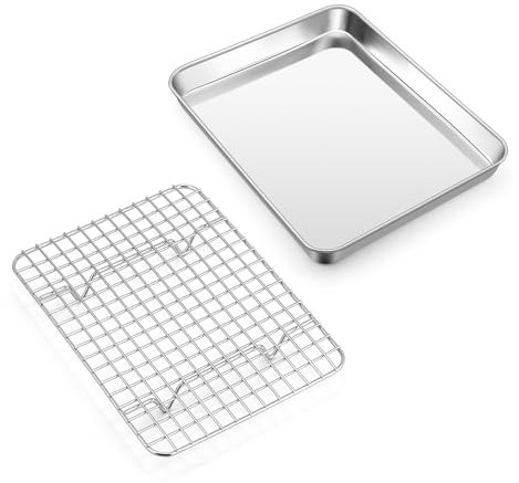 Homikit Plaque de cuisson avec grille de refroidissement, mini plaque de four, plaque à gâteau et grille à gâteau pour la cuisson, le service à rôtir, 23,6 x 17,8 x 2,5 cm, non toxique, passe au