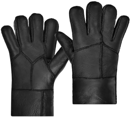 Harssidanzar Männer Shearling Handschuhe,Warme Winter Leder Shearling Schaffell Handschuhe KM056EU,Schwarz,Größe M