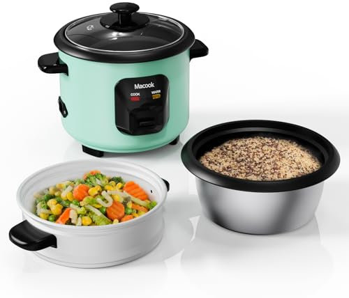 Macook Reiskocher mit Dampfkorb (0,6 Liter, 3 Tassen) 300W - Dämpfen und Kochen All-in-One Multifunktions Reiskocher Klein für 1 bis 6 Personen mit Anti-Stick-Beschichtung, Smart Auto Keep Warm