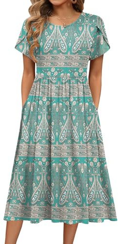 HOTOUCH Midi Dresses for Women Ethnic Dress Petal Sleeve Tiered Dress Round Neck Cotton Shirts Dresses Floral A-Line Sundress Bohemian,Large