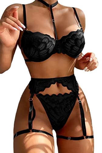 Lilosy Sexy Dessous-Set mit Choker, Spitze mit Blumenmuster, Push-up, Strumpfbandgürtel, für Frauen, durchscheinender BH und Höschen, 3-teilig, Schwarz, XX-Small