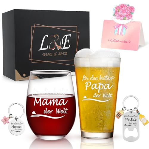 Joymaking Weinglas und Bierglas Set mit Gravur - Für Die Beste Mama&Den Besten Papa der Welt, Geschenke für Eltern Papa Mama, Personalisiertes Eltern Geschenk zum Muttertag Vatertag Geburtstag