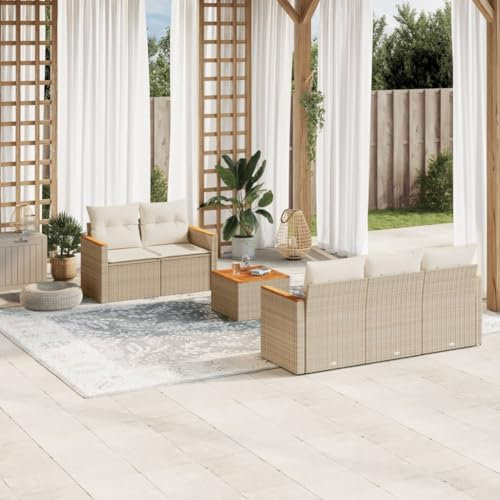 Rantry 6-TLG. Gartenmöbel Set mit Kissen Gartensofa Balkonsofa Gartenlounge Loungesofa Ecksofa Ecklounge Balkonmöbel Sitzgruppe mit Gartentisch Loungemöbel Beige Poly Rattan