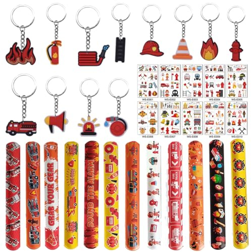 34pcs Feuerwehrmann Mitgebsel Feuerwehr Geburtstag Mitgebsel Set enthält Slap Armbänder Schlüsselanhänger Feuerwehr,Aufkleber,Feuerwehr Party Kleine Geschenke Give Aways für Jungen