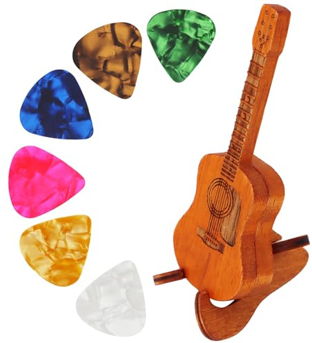 Lafo Wooden Acoustic Guitar Pick Box with Stand, 6PCS Celluloid Guitar Picks, Guitar Pick Holder Box, Musician Engraved Wooden Plectrum Case, Acoustic Guitar Box for Electric Bass Guitar Ukulele Lover