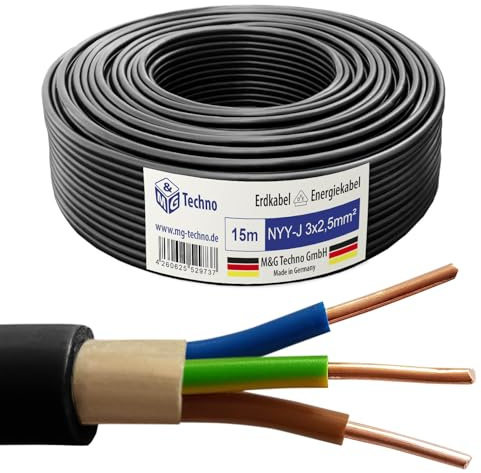 M&G Techno 15m NYY-J 3x2,5 mm² Erdkabel Elektrokabel Beton und Freien Kupfer Made in Germany