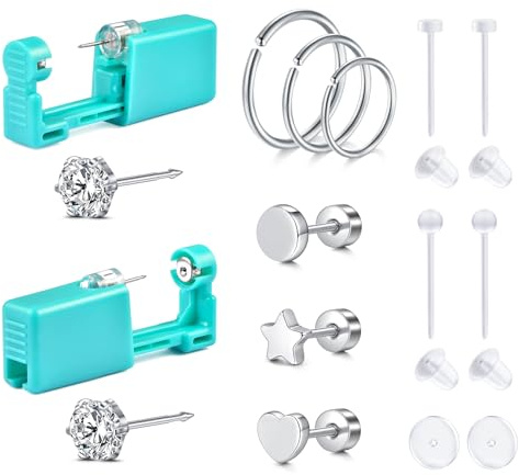 QSKISS Disposable Ear Piercing Kit Ear Piercing Gun with Studs Heart Star Shape Stainless Steel& Clear Earring Stud