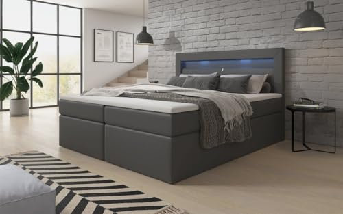 Boxspringbett Reposito 140x200 Doppelbett Polsterbett Bett mit LED-Beleuchtung, USB-Anschluss und Stauraum | Bezug: Kunstleder | Farbe: Grau | Härtegrad: H2 (bis 70kg)