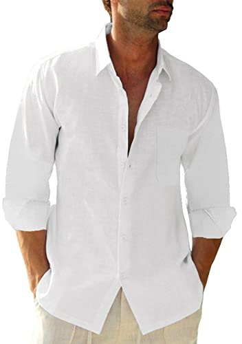 Friptspyg Hombres Camisa de Manga Larga de Algodón y Lino para con Bolsillo y Corte Regular Fit para Ocasiones de Playa y Vestir Casual Camisa de Verano, Blanco L