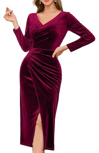 Gardenwed Abito in velluto da donna a maniche lunghe Bodycon Maxi lungo con fascia da cocktail per feste invernali per ospiti di nozze abito da cerimonia per Natale, bordeaux, XXL