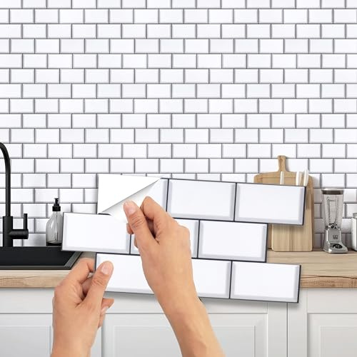 WALPLUS Crédence Adhésive Cuisine 15x30cm Carrelage Adhesif Mural Amovible Crédence Adhésive Stickers Carrelage Marbre Blanc Brillant Dalle PVC Adhesive Murale Cuisine Salon 12 PCS