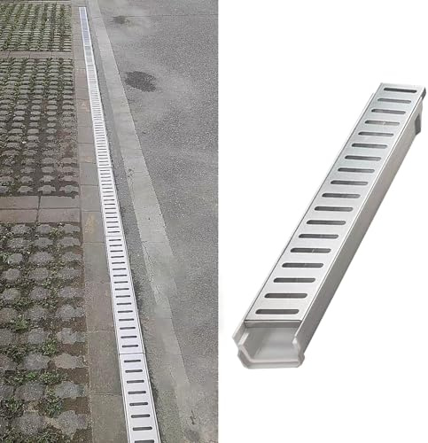 Vibeo Entwässerungsrinne 10 cm Breiter Linearer Grabenablauf mit Stangenloch, 60 cm Langer Kanal mit Abflussgitter aus Edelstahl 304 und Harzrohr, Robuste Regenablaufrinne(W10cm(4) xH4cm(1 5/8))