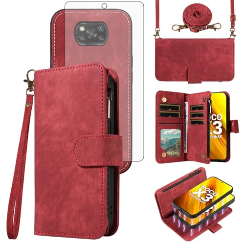 Funda de teléfono para Xiaomi Poco X3 Pro/PocoX3 NFC/Poco X3 con cremallera, funda magnética desmontable con protector de pantalla de vidrio templado, correa cruzada, tarjetero, Mi PocoX3NFC Pocco X 3