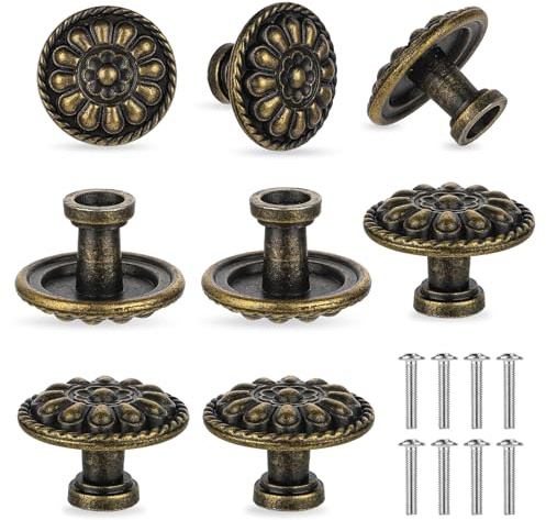 JJUNW Möbelknöpfe Bronze, 8 Stück Möbelgriffe Vintage mit Schrauben, 30mm Schrankknöpfe Bronze Farbe Runde Blumen Muster Schubladengriffe für Schublade Schrank Möbel Küchenschränke Kleiderschrank